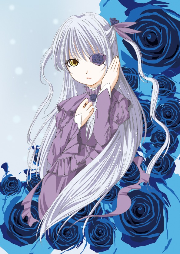 1girl barasuishou blue_flower blue_rose bow dress eyepatch flower hair_ribbon image long_hair long_sleeves pink_rose purple_dress purple_flower purple_rose red_flower red_rose ribbon rose silver_hair solo thorns very_long_hair yellow_eyes