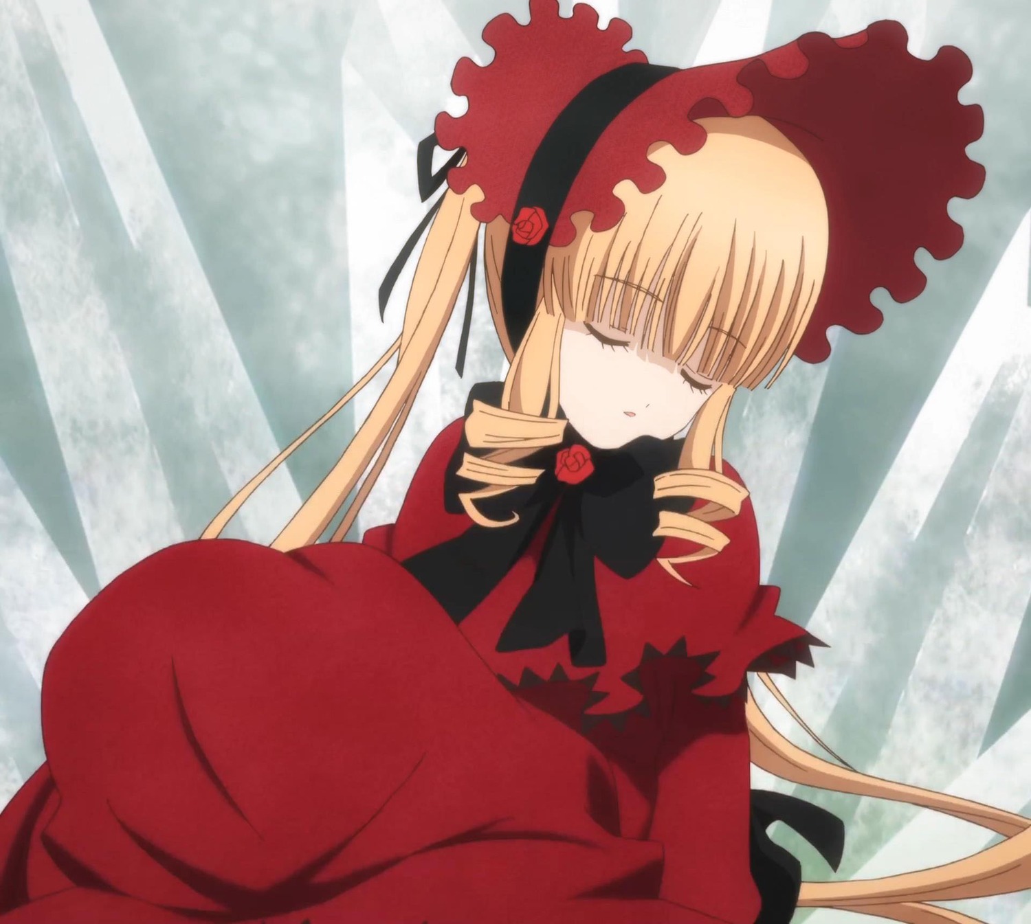 1girl blonde_hair bonnet bow closed_eyes dress drill_hair flower image long_hair long_sleeves red_dress rose shinku sitting sleeping solo twintails