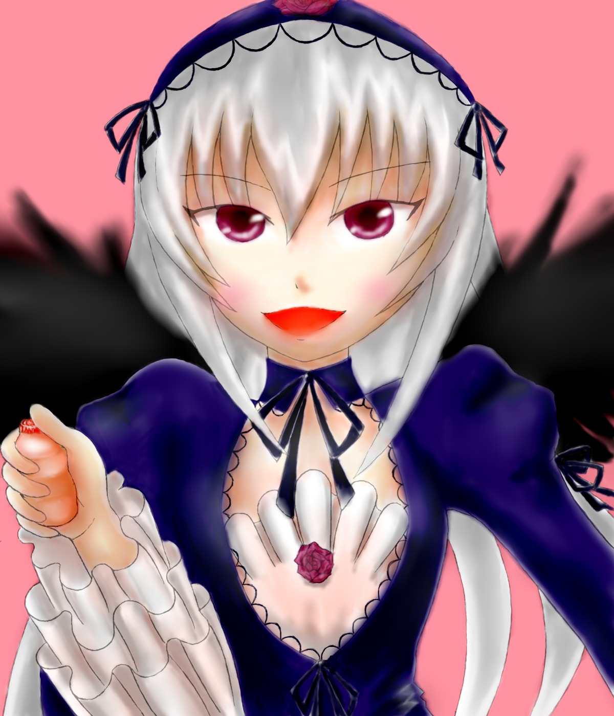 1girl auto_tagged black_ribbon detached_collar dress flower frilled_sleeves frills hairband image long_sleeves looking_at_viewer pink_eyes puffy_sleeves red_eyes silver_hair smile solo suigintou upper_body wings