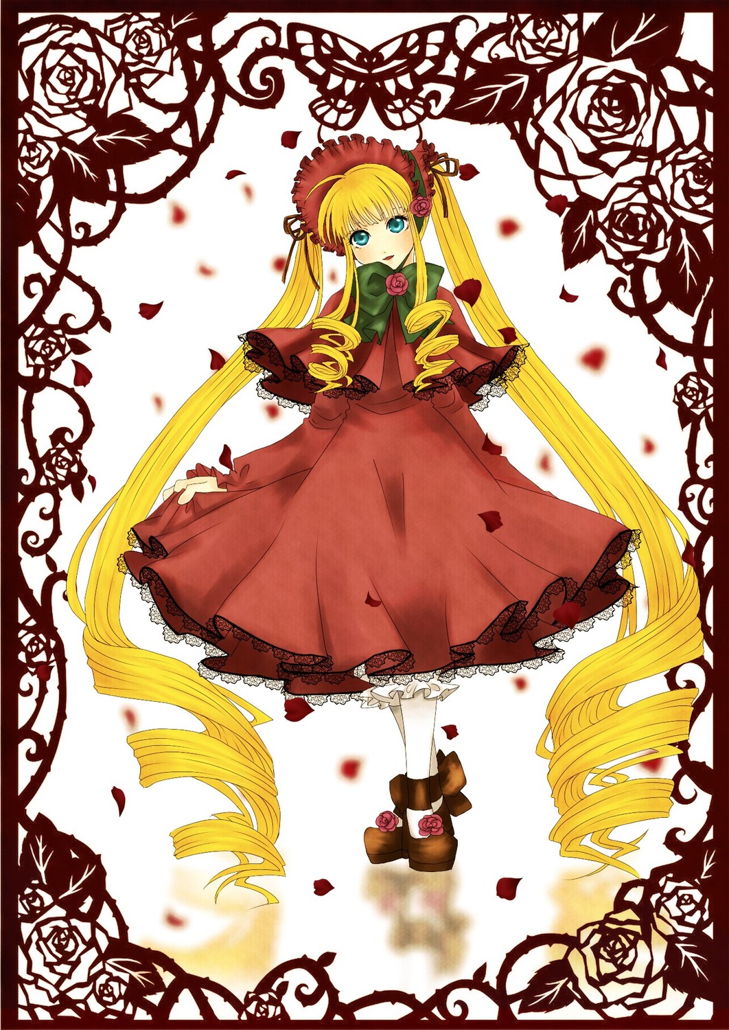 1girl blonde_hair blue_eyes bonnet bow capelet dress drill_hair flower full_body green_bow image long_hair long_sleeves looking_at_viewer pantyhose petals pink_flower pink_rose red_dress red_flower red_rose rose rose_petals shinku shoes solo twintails very_long_hair white_legwear