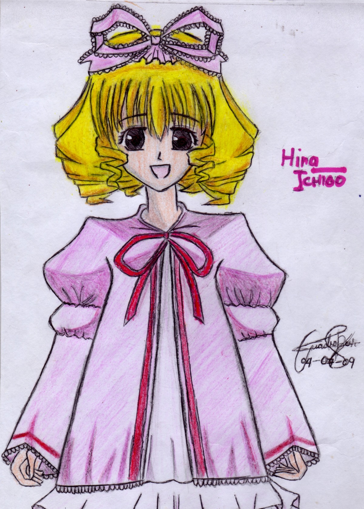 1girl :d blonde_hair dress drill_hair hina_ichigo hinaichigo image juliet_sleeves long_sleeves looking_at_viewer open_mouth pink_bow puffy_sleeves ribbon short_hair simple_background smile solo traditional_media