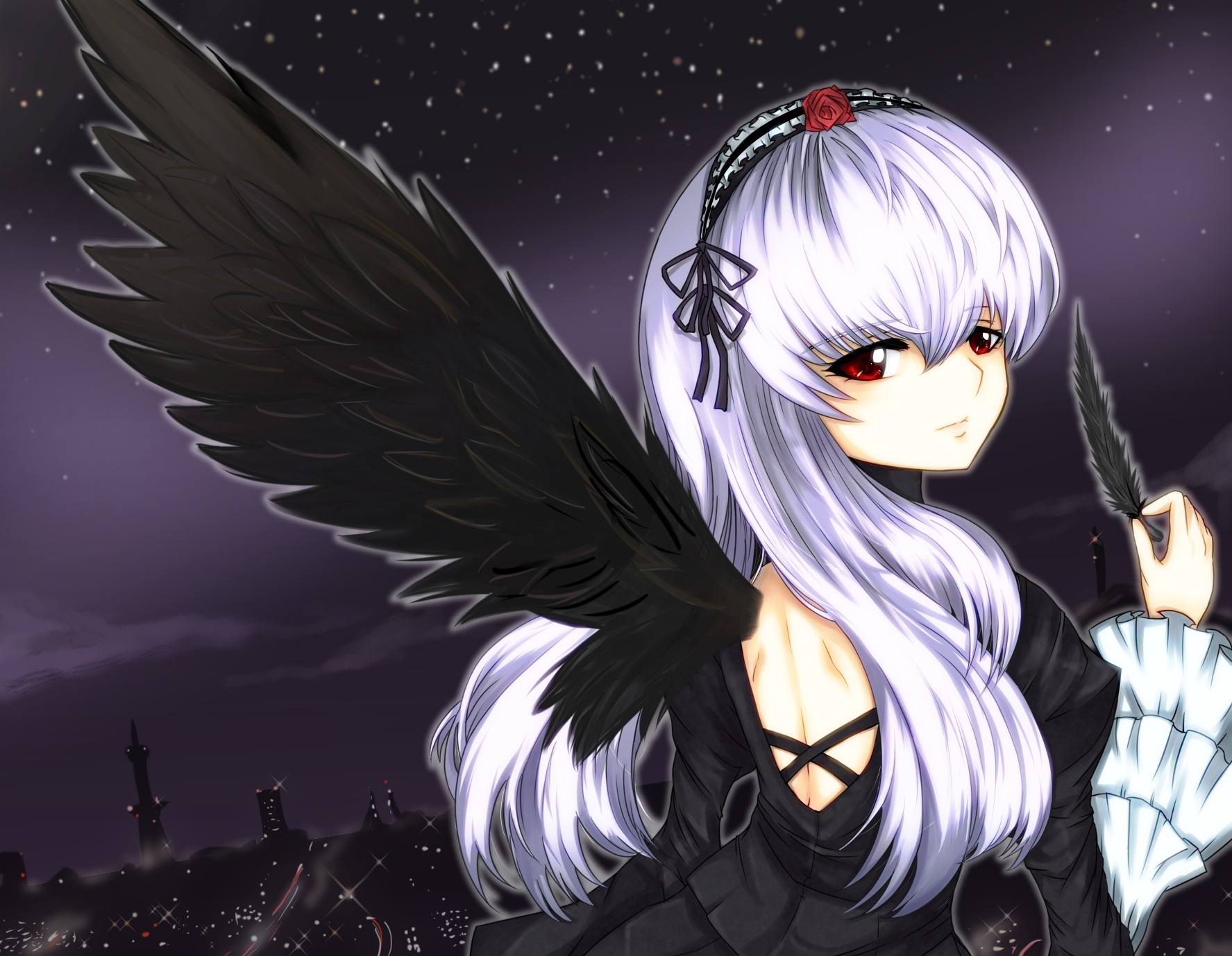 1girl black_wings dress feathers flower frills hairband image long_hair long_sleeves looking_at_viewer looking_back night night_sky red_eyes rose silver_hair sky solo star_(sky) starry_sky suigintou wings