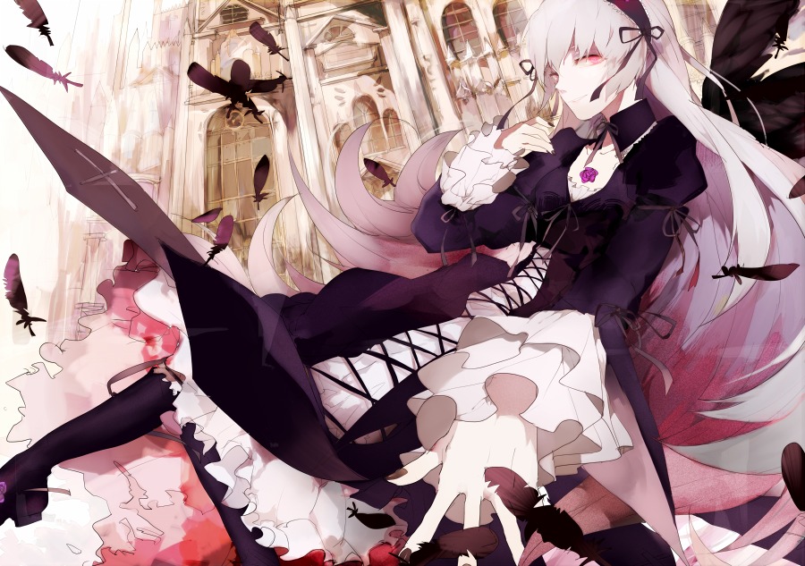 1girl black_dress black_wings boots bug cross-laced_clothes doll_joints dress feathers flower frills hairband image insect juliet_sleeves lolita_hairband long_hair long_sleeves ribbon rose silver_hair solo suigintou very_long_hair wings