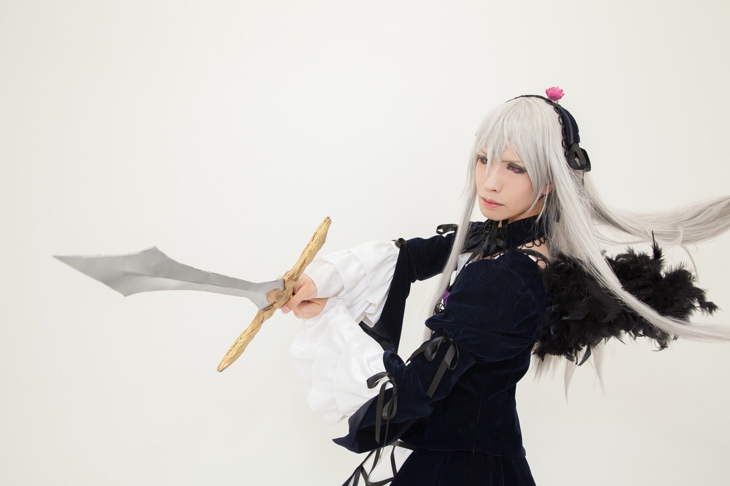 1girl dress flower hairband holding holding_weapon lips long_hair ribbon silver_hair solo suigintou sword weapon