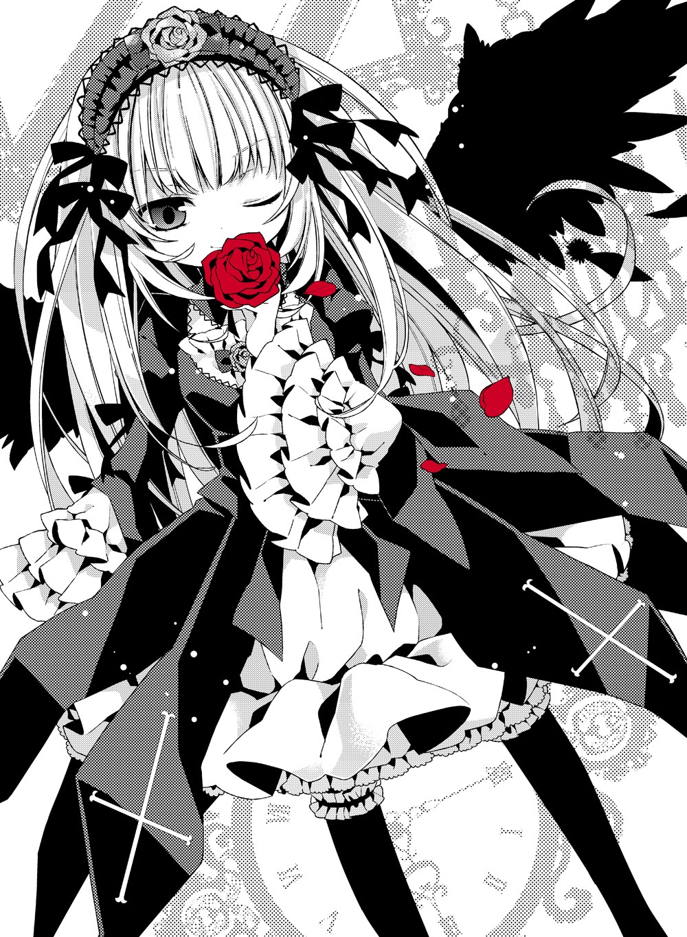 1girl bird_wings commentary_request cross dress flower frilled_sleeves frills gothic_lolita greyscale hairband highres holding holding_flower image lolita_fashion lolita_hairband long_hair long_sleeves monochrome moru one_eye_closed red_flower red_rose rose rozen_maiden solo suigintou thighhighs very_long_hair wings