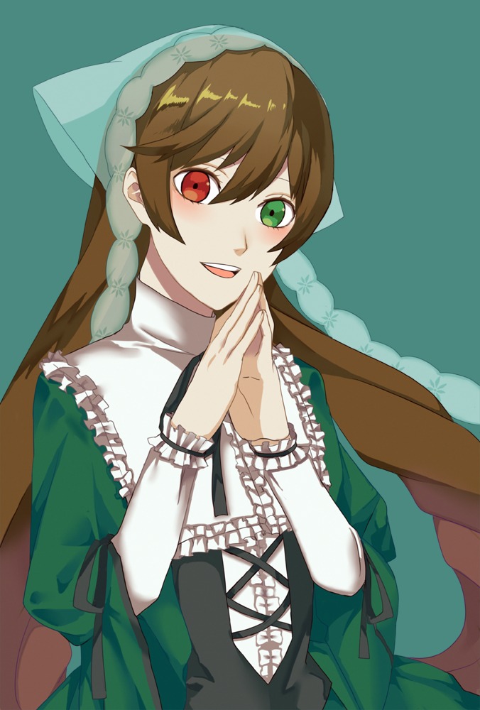 1girl brown_hair corset dress frills green_dress green_eyes hands_together head_scarf heterochromia image long_hair long_sleeves looking_at_viewer open_mouth own_hands_together red_eyes simple_background smile solo suiseiseki