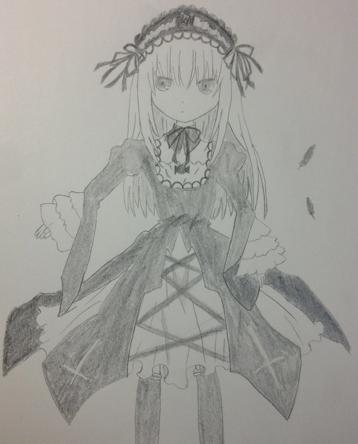 1girl dress frills graphite_(medium) greyscale hairband image lolita_hairband long_hair long_sleeves looking_at_viewer marker_(medium) monochrome photo ribbon solo standing suigintou traditional_media