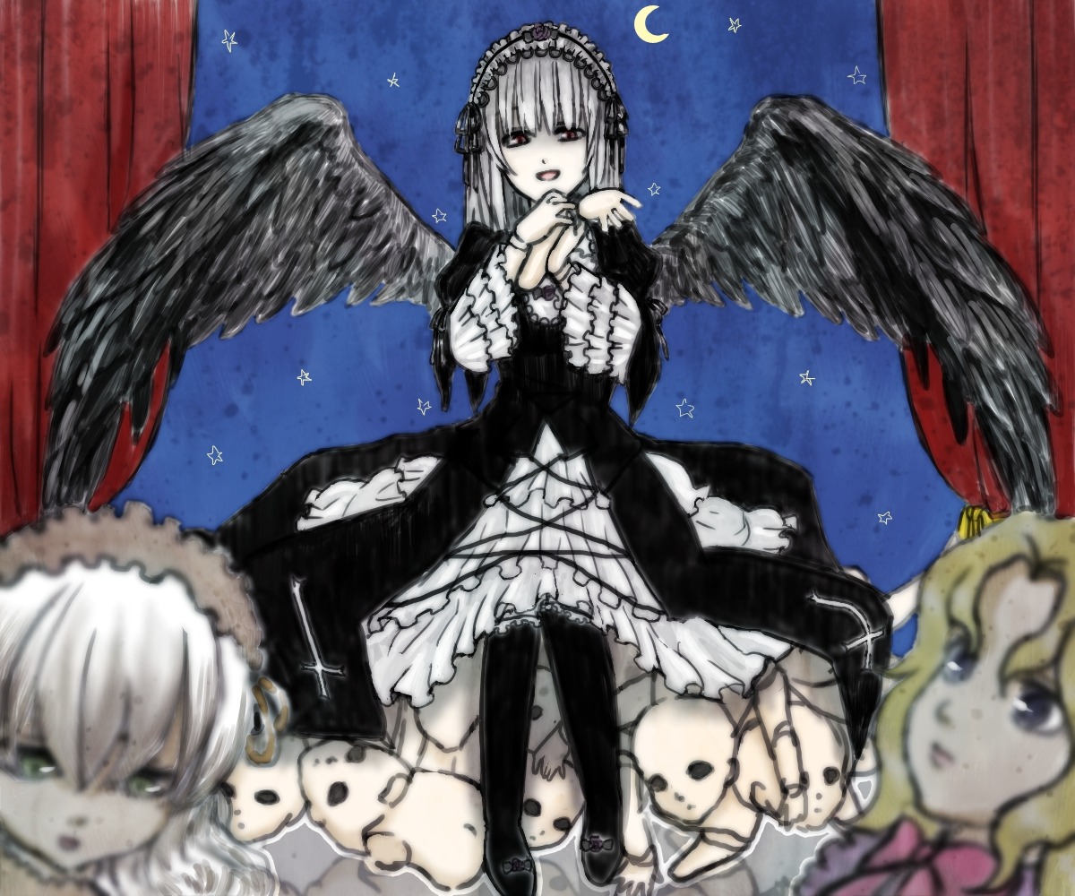 2girls black_wings blonde_hair blurry cross depth_of_field doll dress frills hairband image joints lolita_fashion lolita_hairband long_hair long_sleeves looking_at_viewer moon multiple_girls rose silver_hair solo stuffed_animal suigintou wings