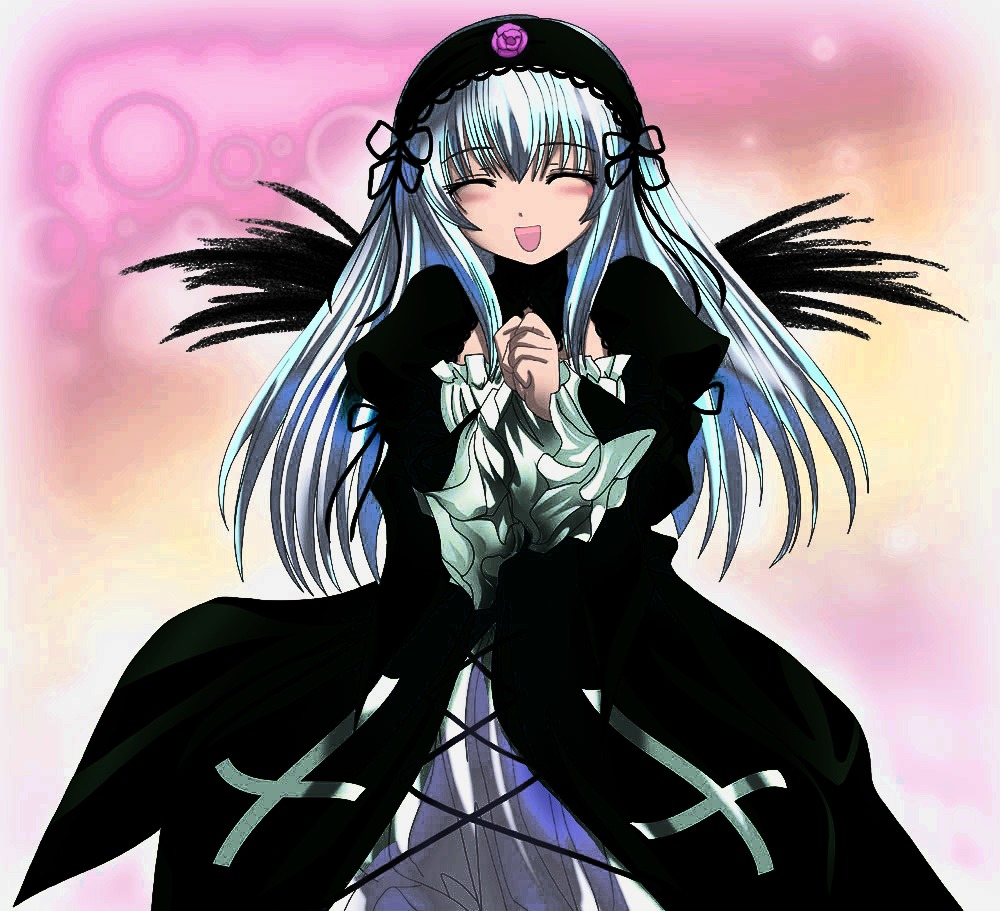 1girl :d black_dress black_wings blush closed_eyes dress frills hairband image juliet_sleeves long_hair long_sleeves namamo_nanase open_mouth own_hands_together ribbon rozen_maiden silver_hair smile solo standing suigintou wings