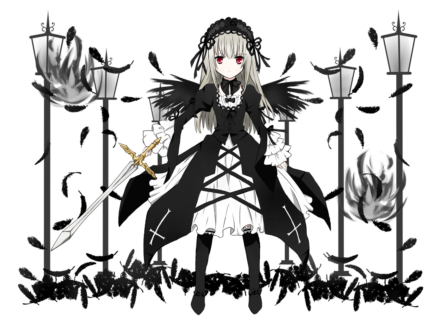 1girl auto_tagged black_legwear boots cross dress feathers flower frills hairband image lolita_fashion lolita_hairband long_hair long_sleeves looking_at_viewer puffy_sleeves red_eyes ribbon solo suigintou sword thighhighs weapon