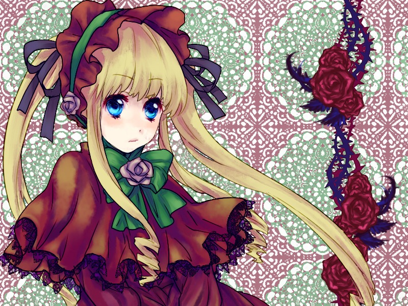 1girl blonde_hair blue_eyes blush bonnet bow bowtie capelet dress flower green_bow image long_hair long_sleeves looking_at_viewer pink_rose red_flower red_rose rose shinku sidelocks solo twintails