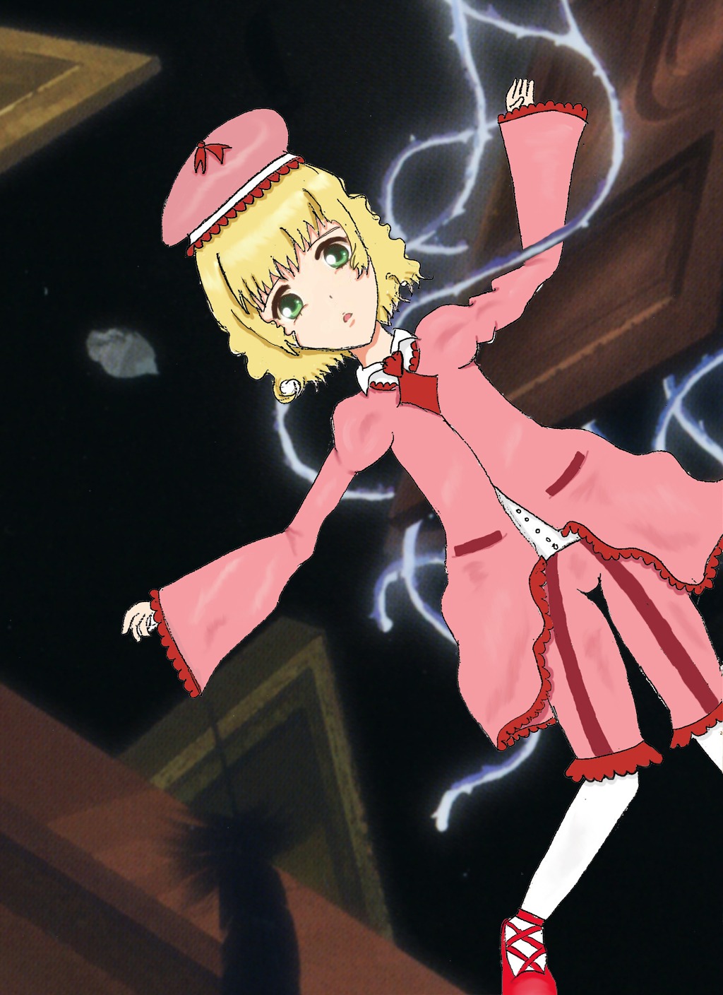 1girl black_background blonde_hair dress frills green_eyes hat hinaichigo image long_sleeves magic outstretched_arms pantyhose pink_dress pink_footwear pink_headwear pink_shirt short_hair solo