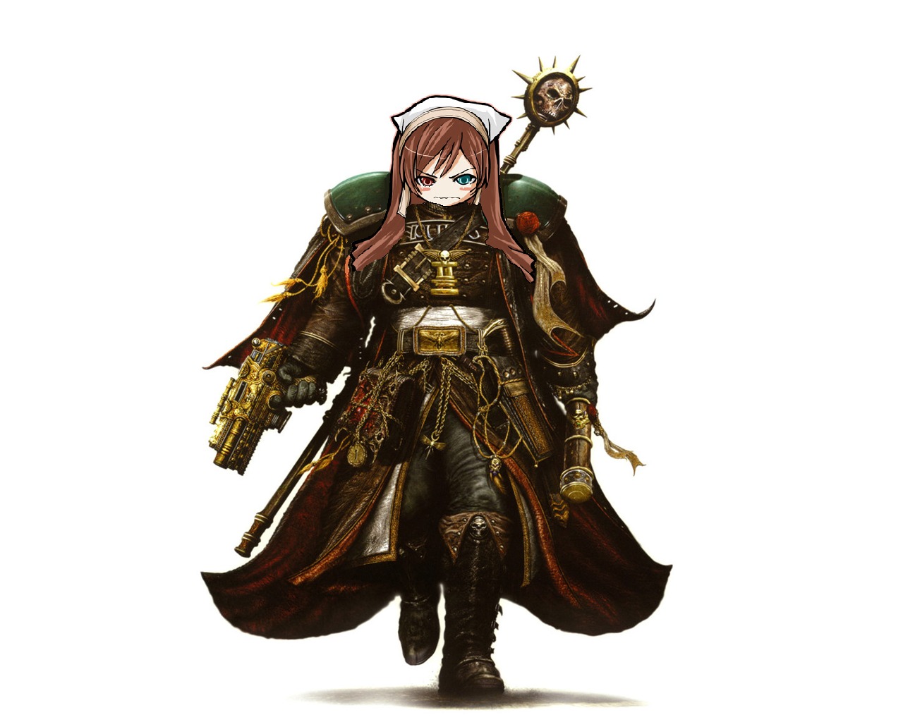 1girl armor belt blue_eyes boots brown_hair green_eyes heterochromia holding image long_hair looking_at_viewer red_eyes simple_background solo standing suiseiseki weapon white_background