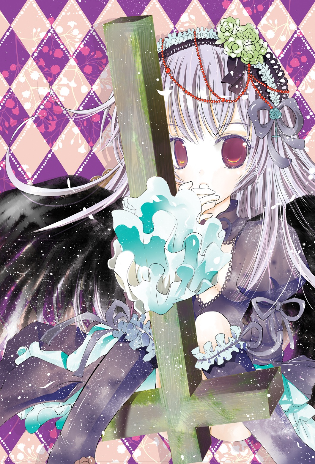 1girl argyle argyle_background argyle_legwear checkered checkered_background checkered_floor chess_piece dress hair_ornament image long_hair red_eyes silver_hair solo suigintou