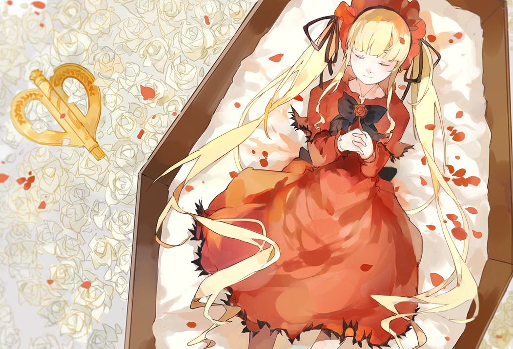 1girl blonde_hair bonnet closed_eyes coffin commentary_request dress flower hair_ribbon hairband image long_hair lying nine_(liuyuhao1992) on_back petals photoshop_(medium) red_dress ribbon rose rose_petals rozen_maiden shinku sleeping solo spoilers twintails white_rose