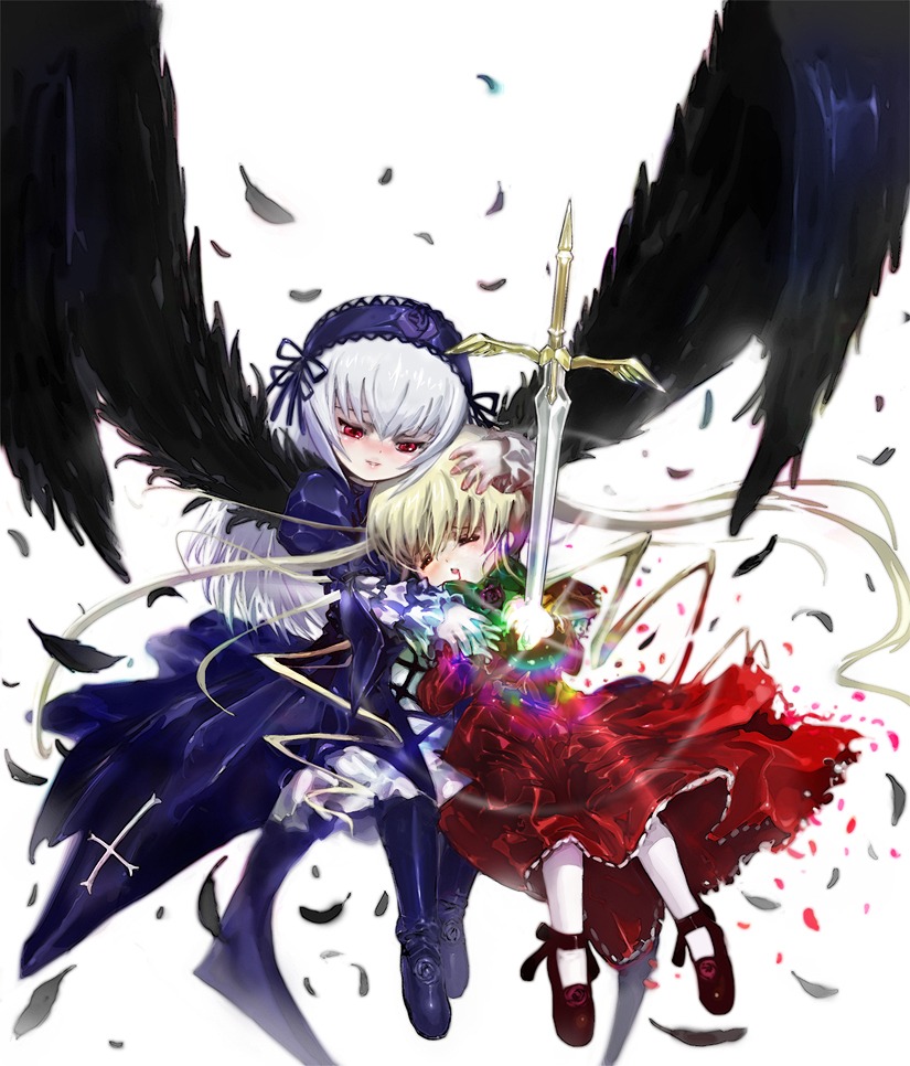 2girls black_wings blonde_hair boots closed_eyes dress feathers flower hairband hug image long_hair long_sleeves multiple_girls pair petals red_eyes rose shinku silver_hair suigintou sword weapon wings