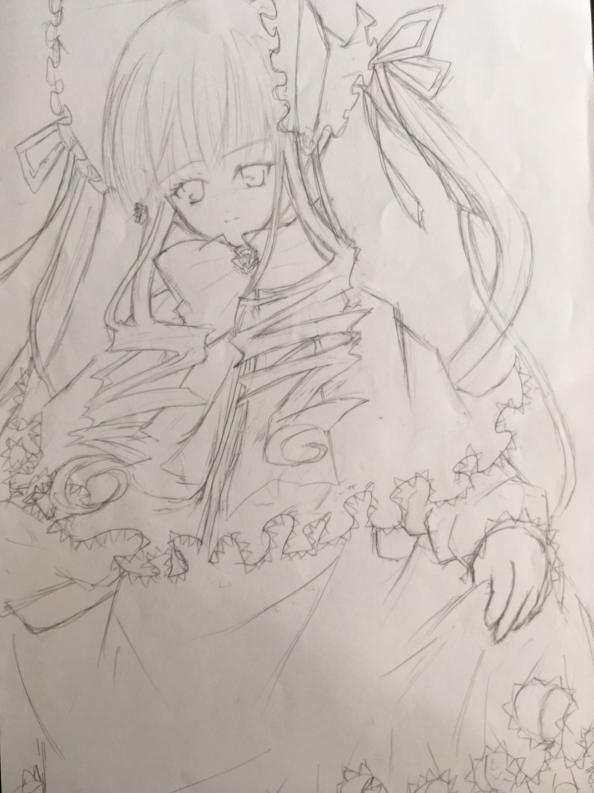 1girl bow dress frills greyscale image long_hair long_sleeves looking_at_viewer monochrome shinku sketch solo traditional_media very_long_hair