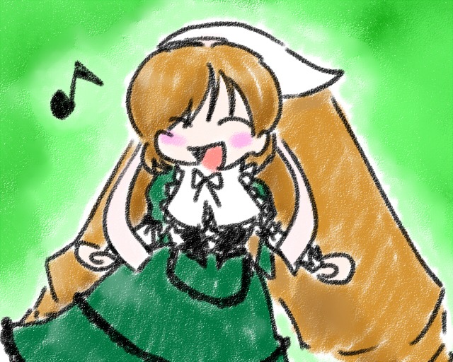 1girl brown_hair closed_eyes dress eighth_note green_background green_skirt image long_hair musical_note open_mouth smile solo suiseiseki traditional_media