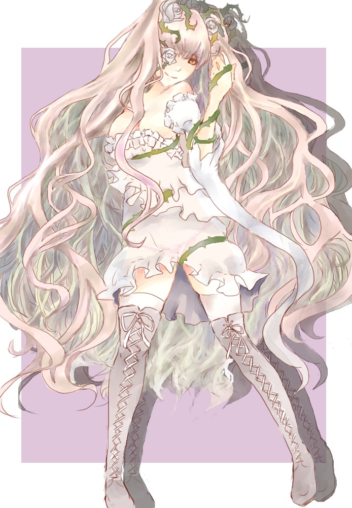 1girl boots breasts cleavage cross-laced_footwear dress flower gloves hair_flower hair_ornament image kirakishou knee_boots lace-up_boots long_hair pink_hair rose solo thighhighs very_long_hair vines wavy_hair