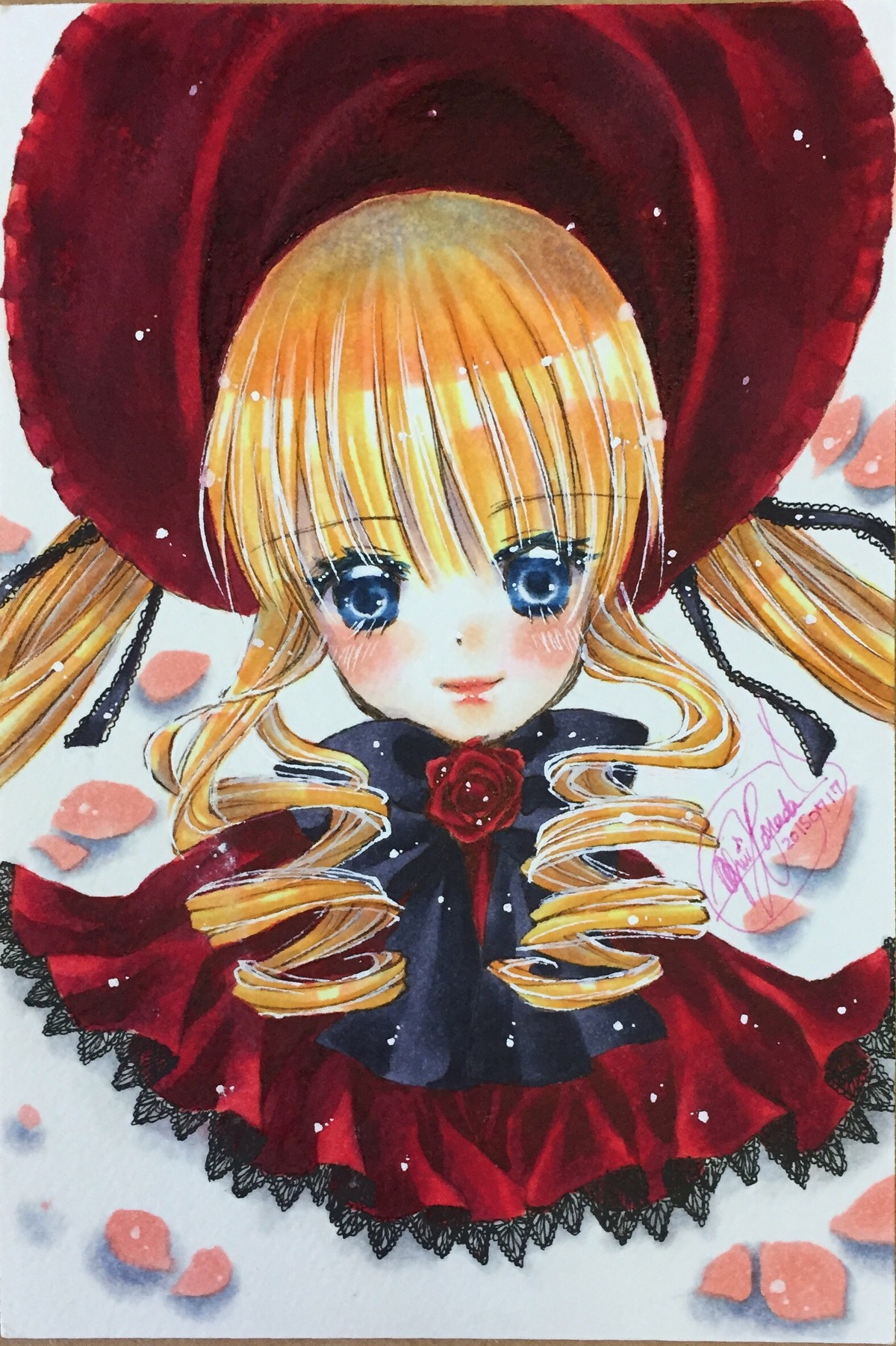 1girl auto_tagged blonde_hair blue_eyes blush dress drill_hair flower hat image long_hair looking_at_viewer marker_(medium) petals photo red_dress rose rose_petals shinku smile solo traditional_media twin_drills twintails watercolor_(medium)
