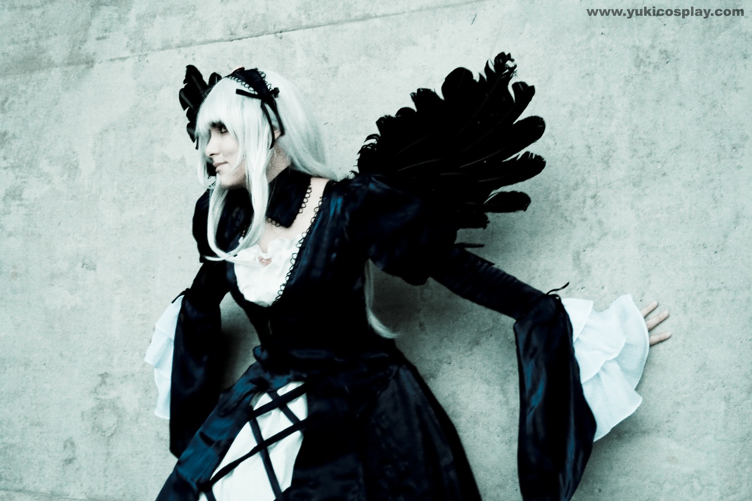 1girl black_dress black_wings dress frills gothic_lolita hairband lolita_fashion long_sleeves pale_skin ribbon solo suigintou wings