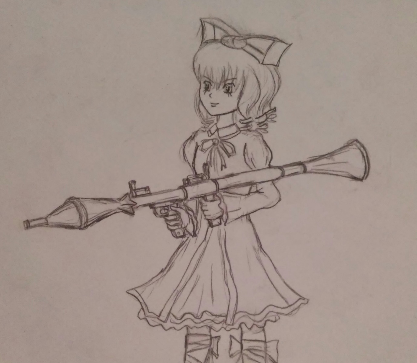 1girl dress gun hat hinaichigo image monochrome rifle smile solo traditional_media weapon