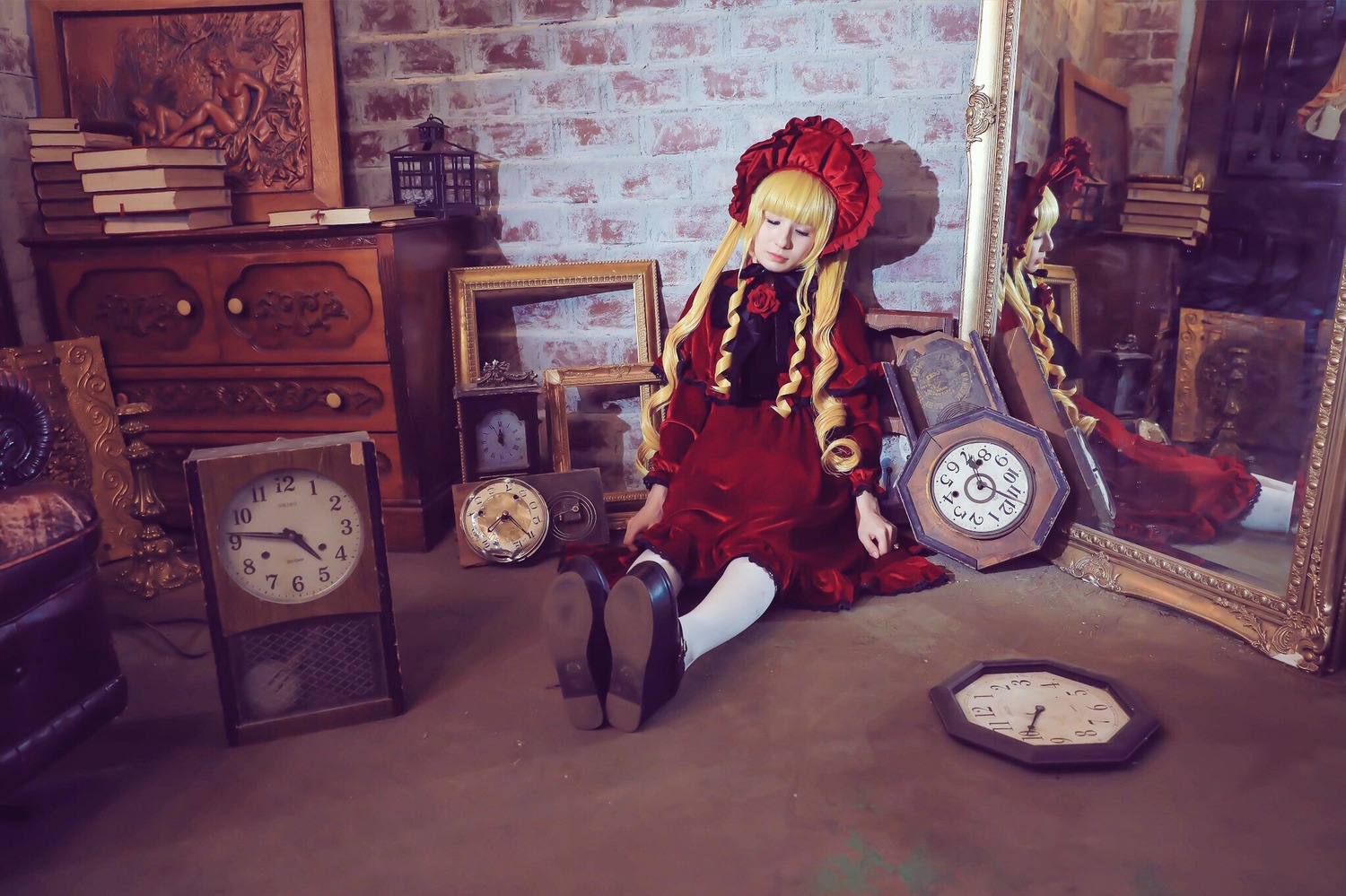 1girl analog_clock blonde_hair bonnet book clock dress flower indoors long_hair red_dress shinku sitting solo