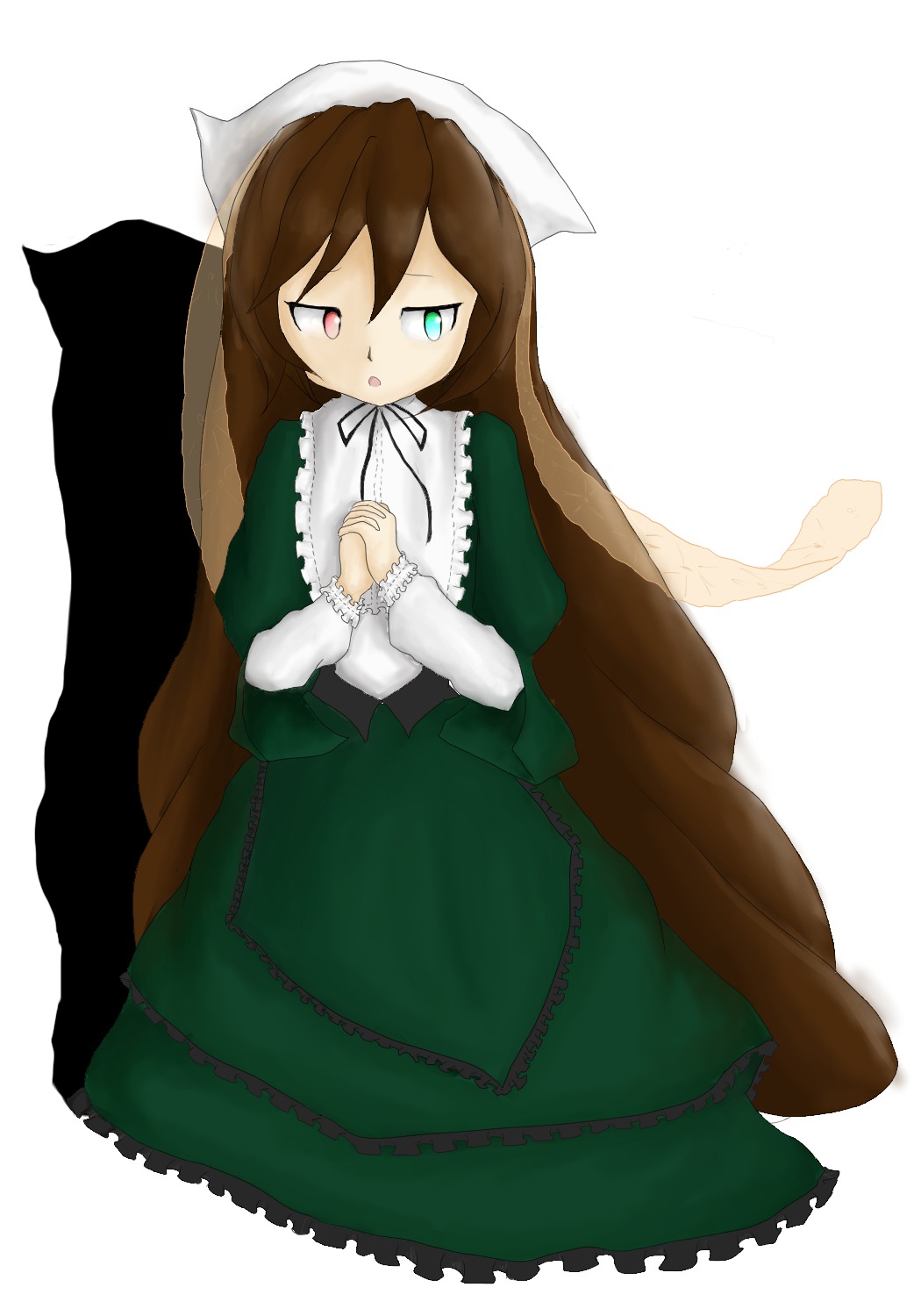 1girl brown_hair dress frills green_dress green_eyes heterochromia image long_hair long_sleeves looking_at_viewer open_mouth red_eyes simple_background solo suiseiseki very_long_hair white_background