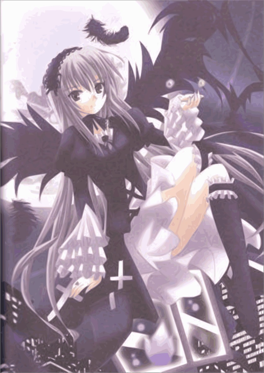 1girl black_wings boots building dress flower frills hairband image knee_boots long_hair long_sleeves looking_at_viewer rose silver_hair sitting solo suigintou very_long_hair wings