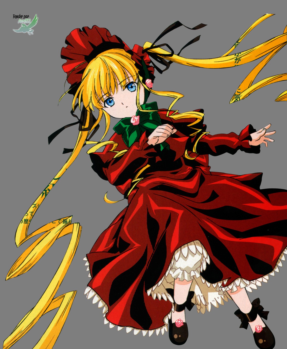 1girl bangs black_footwear blonde_hair bloomers blue_eyes bonnet bow bowtie dress flower full_body green_bow hair_ribbon image long_hair long_sleeves looking_at_viewer red_dress ribbon rose shinku shoes sidelocks simple_background solo twintails underwear white_background