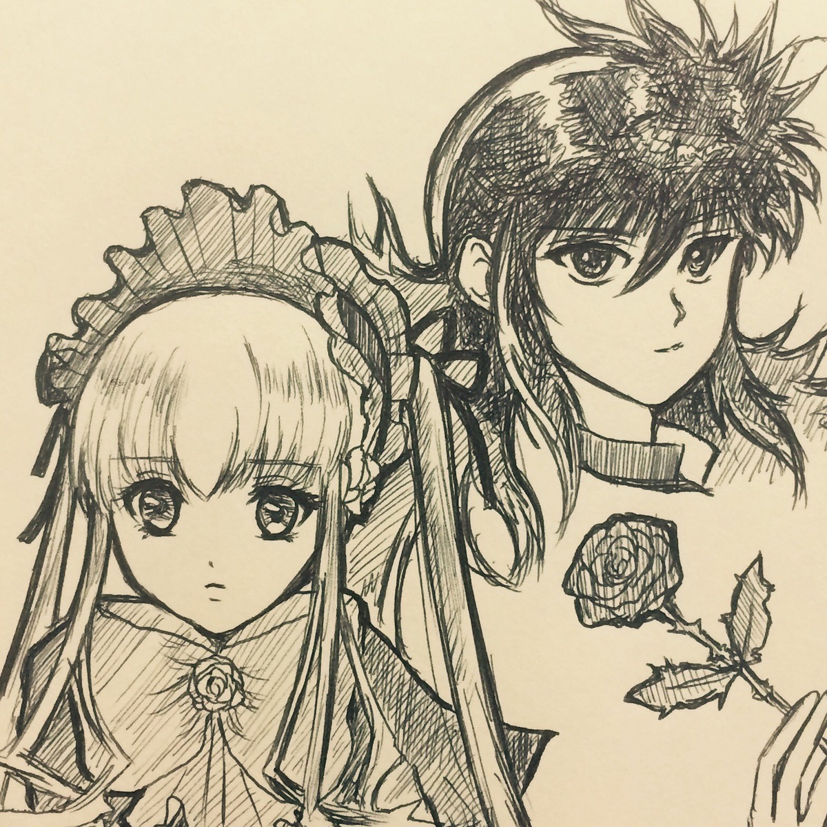 2girls bonnet flower frown image long_hair looking_at_viewer monochrome multiple_girls rose shinku solo traditional_media