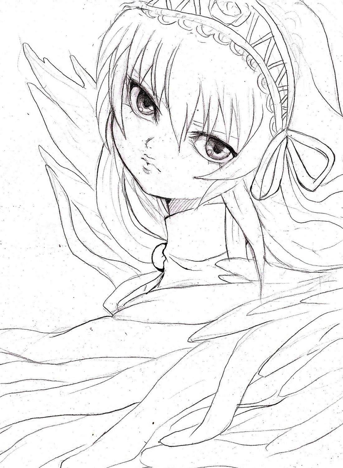 1girl angel_wings bangs closed_mouth eyebrows_visible_through_hair feathered_wings greyscale hair_between_eyes hair_ribbon image long_hair looking_at_viewer monochrome ribbon solo suigintou upper_body white_background wings