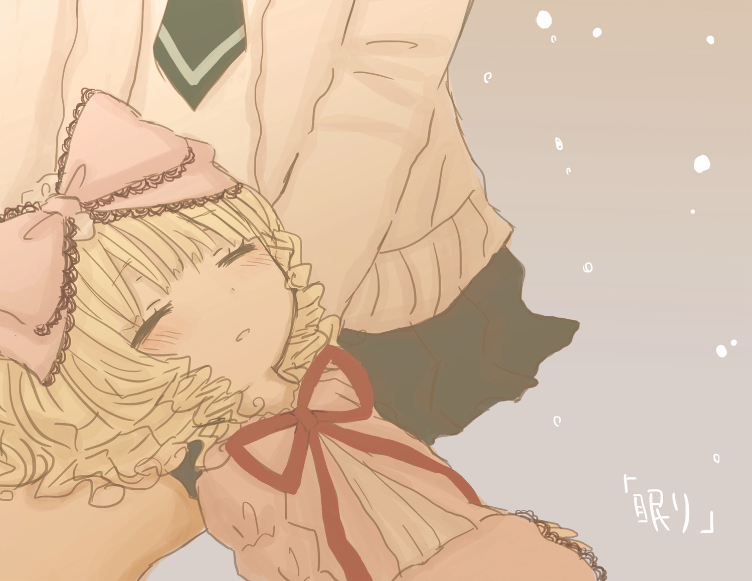 1girl bangs blonde_hair blush bow closed_eyes dress eyebrows_visible_through_hair frills hair_bow hina_ichigo hinaichigo image long_sleeves lying on_back parted_lips pink_bow sleeping solo striped