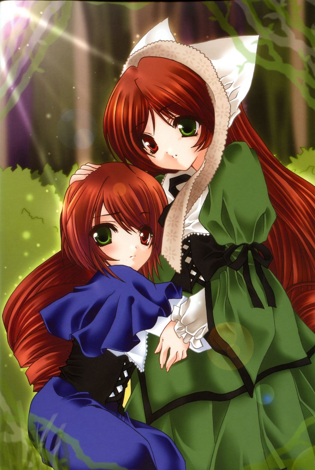 2girls brown_hair dress green_dress green_eyes hat head_scarf heterochromia image long_hair long_sleeves looking_at_viewer multiple_girls pair red_eyes siblings sisters souseiseki suiseiseki twins very_long_hair