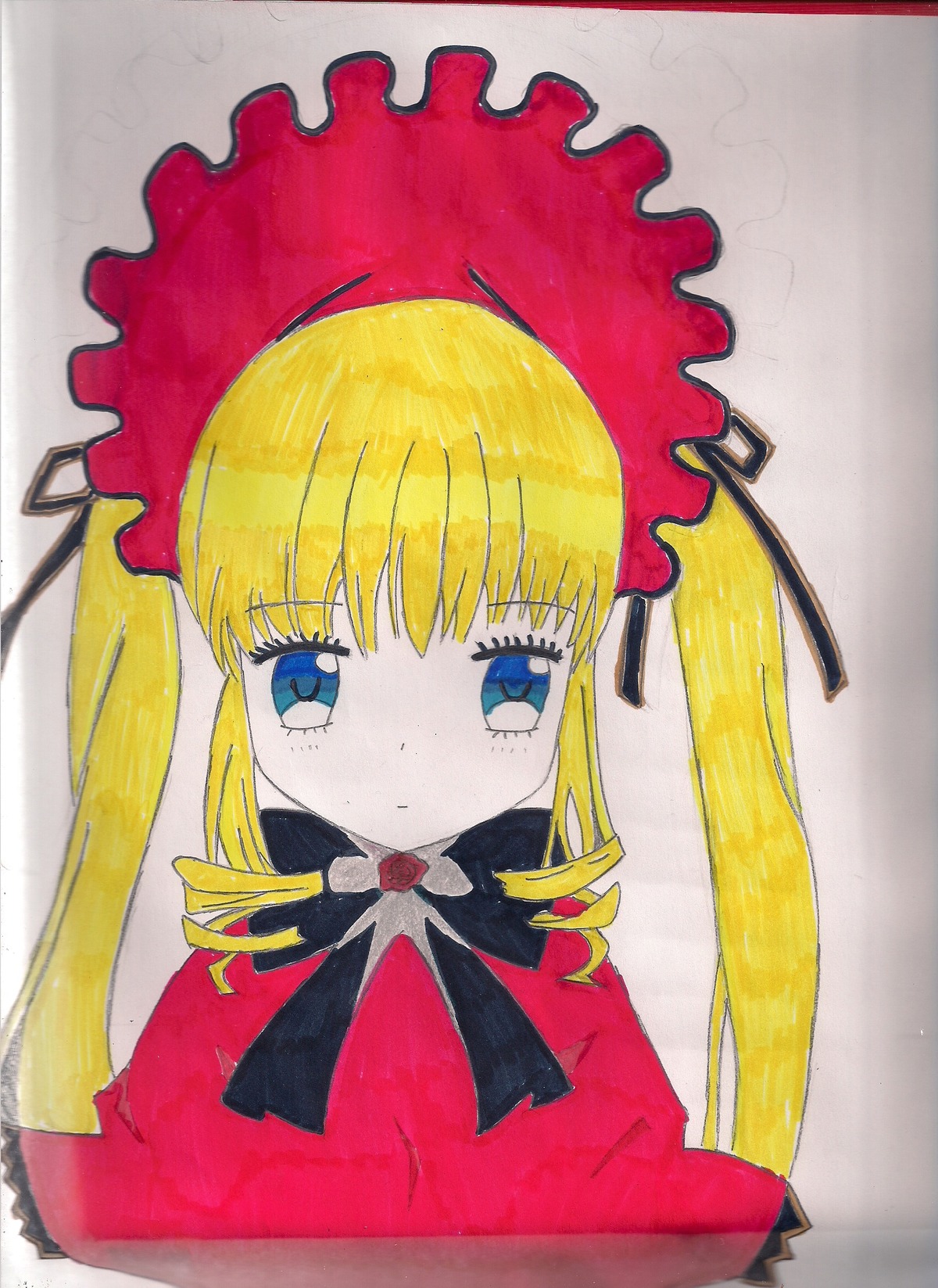 1girl bangs blonde_hair blue_eyes bonnet bow bowtie dress drill_hair eyebrows_visible_through_hair image long_hair long_sleeves looking_at_viewer red_dress shinku simple_background solo traditional_media twintails upper_body