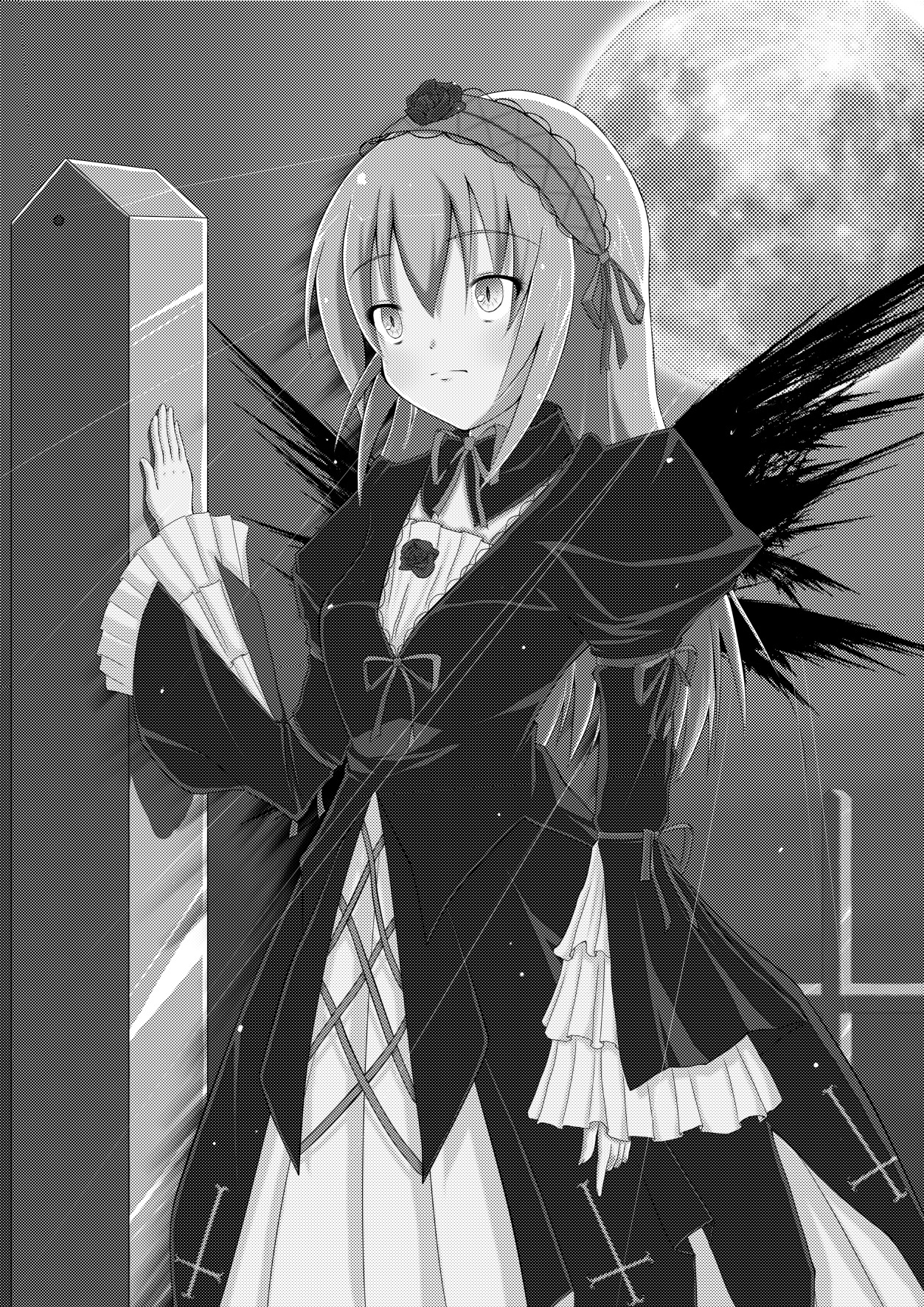 1girl closed_mouth dress eyebrows_visible_through_hair flower frills full_moon greyscale hair_between_eyes hairband image long_hair long_sleeves looking_at_viewer monochrome moon neck_ribbon outdoors ribbon rose smile solo standing suigintou very_long_hair wide_sleeves wings