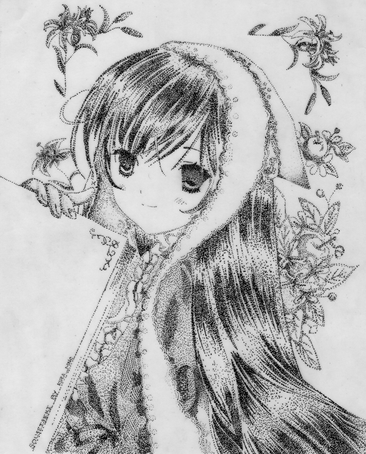 1girl blush flower greyscale image monochrome smile solo suiseiseki traditional_media