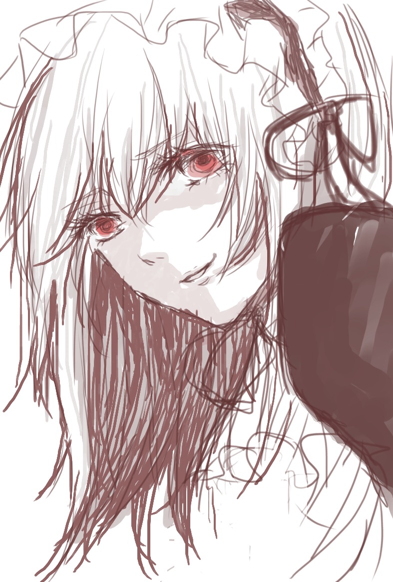 1girl bangs dress hat image long_hair long_sleeves looking_at_viewer mob_cap monochrome red_eyes sketch smile solo spot_color suigintou white_background