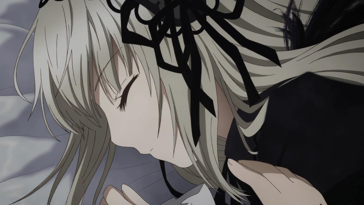 1girl black_ribbon closed_eyes hair_ribbon image long_hair lying on_side profile ribbon sleeping solo suigintou