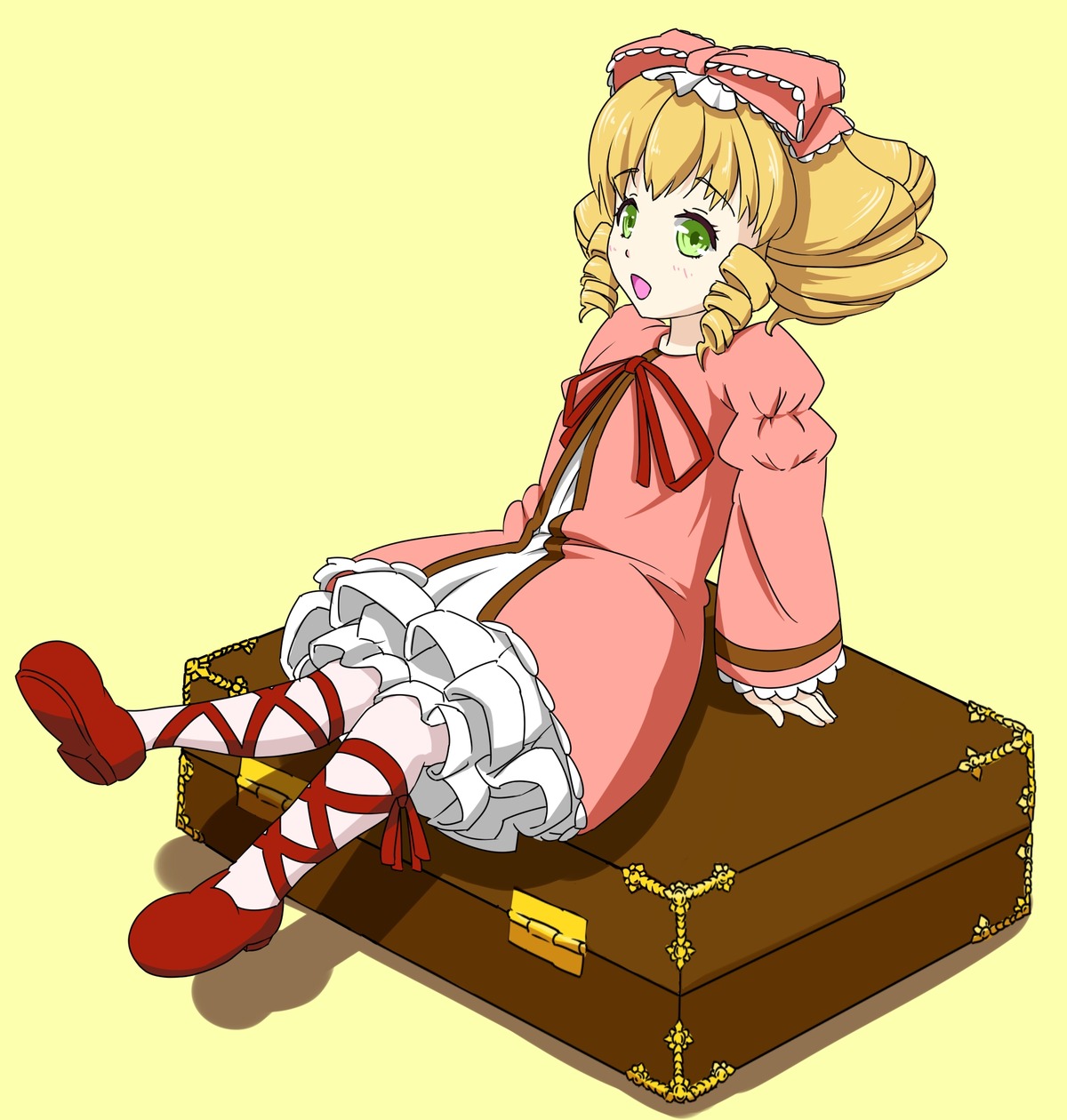 1girl blonde_hair bow cross-laced_footwear dress drill_hair frills full_body green_eyes hina_ichigo hinaichigo image long_sleeves open_mouth pink_bow red_footwear ribbon short_hair simple_background sitting solo yellow_background