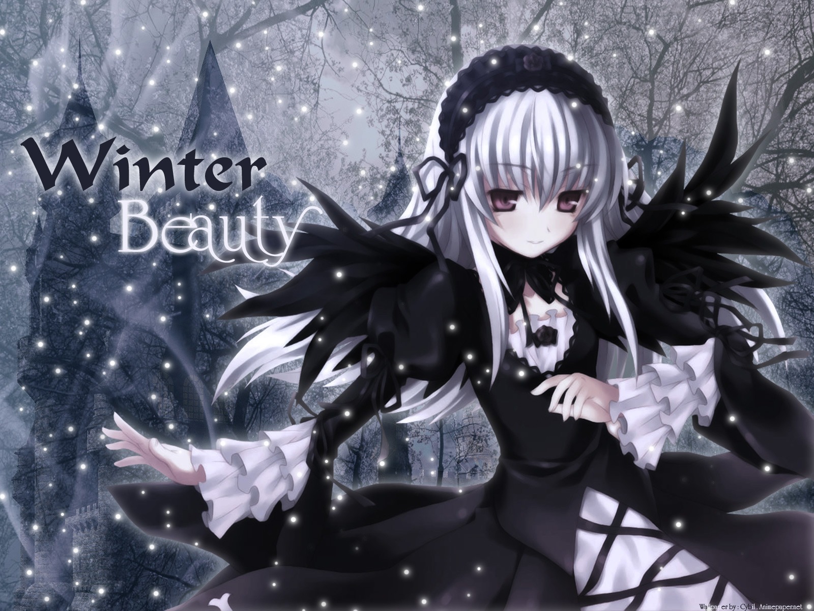 1girl bare_tree black_dress black_ribbon black_wings detached_collar dress frilled_sleeves frills hairband image juliet_sleeves lolita_fashion lolita_hairband long_hair long_sleeves looking_at_viewer puffy_sleeves ribbon silver_hair smile snowing solo suigintou tree very_long_hair wings