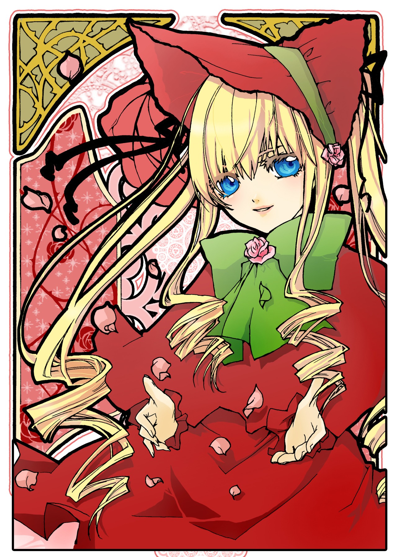 1girl blonde_hair blue_eyes bonnet bow dress drill_hair flower green_bow image long_hair long_sleeves looking_at_viewer pink_flower pink_rose red_dress ringlets rose shinku solo twin_drills upper_body