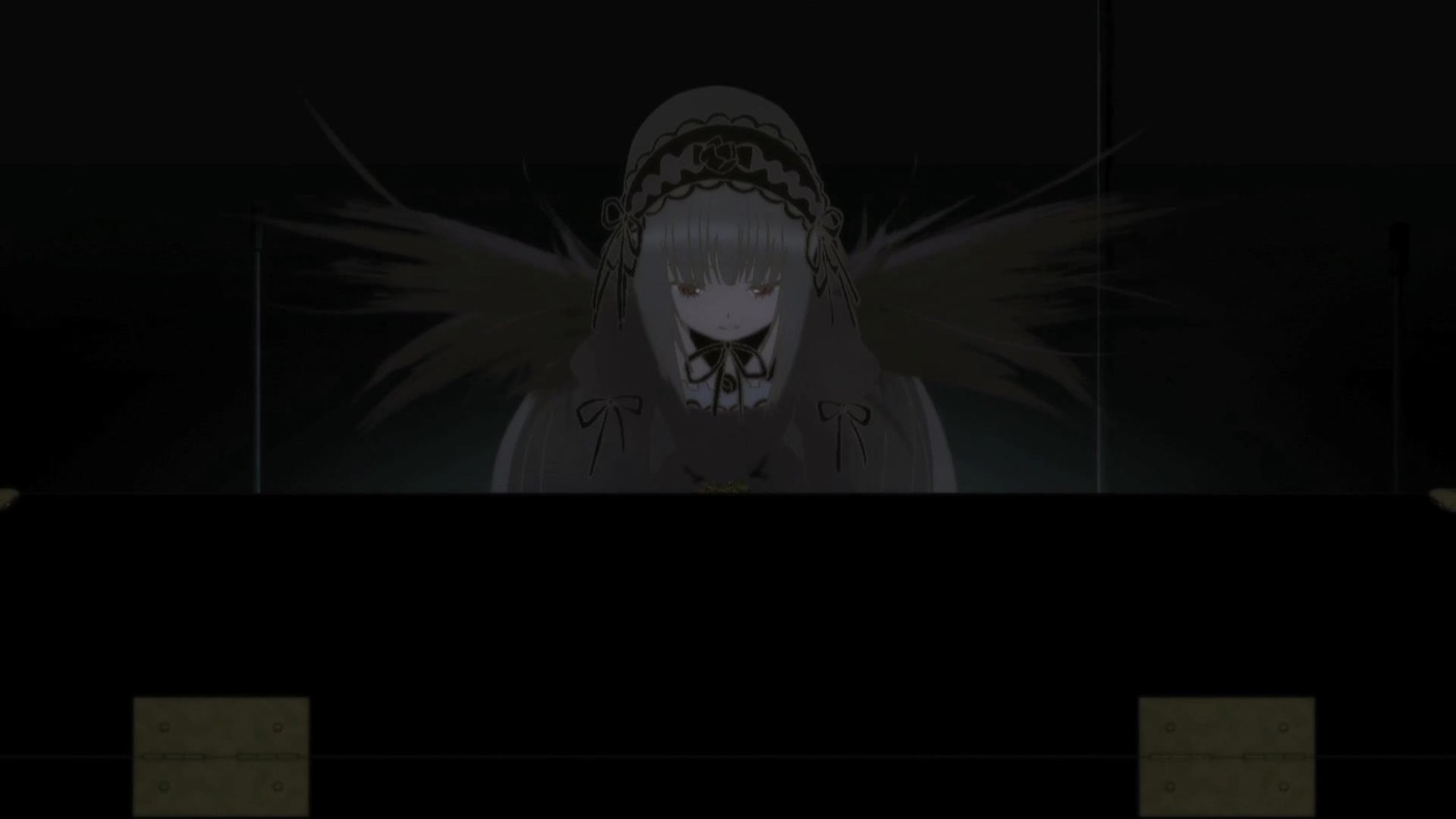 1girl bangs black_background black_dress black_ribbon black_wings closed_mouth dress eyebrows_visible_through_hair feathered_wings hairband image long_hair long_sleeves looking_at_viewer neck_ribbon ribbon solo suigintou very_long_hair wings