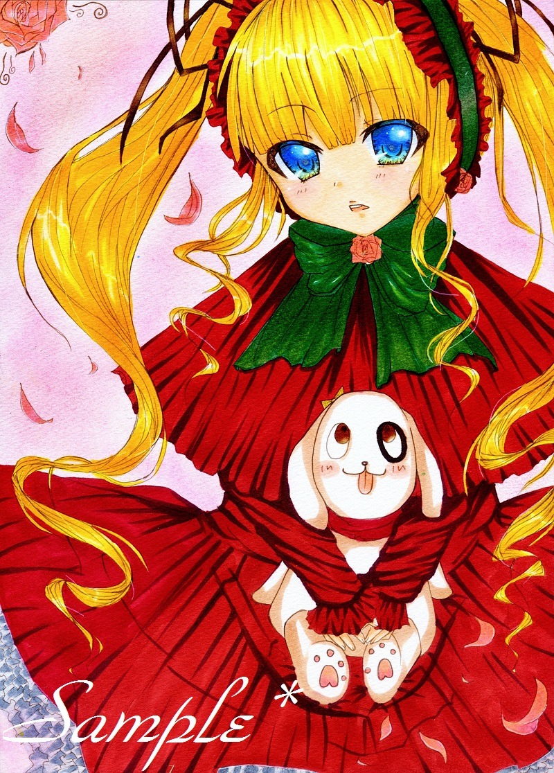 1girl blonde_hair blue_eyes bonnet bow dress flower green_bow image long_hair long_sleeves looking_at_viewer petals rose rose_petals shinku solo traditional_media twintails very_long_hair