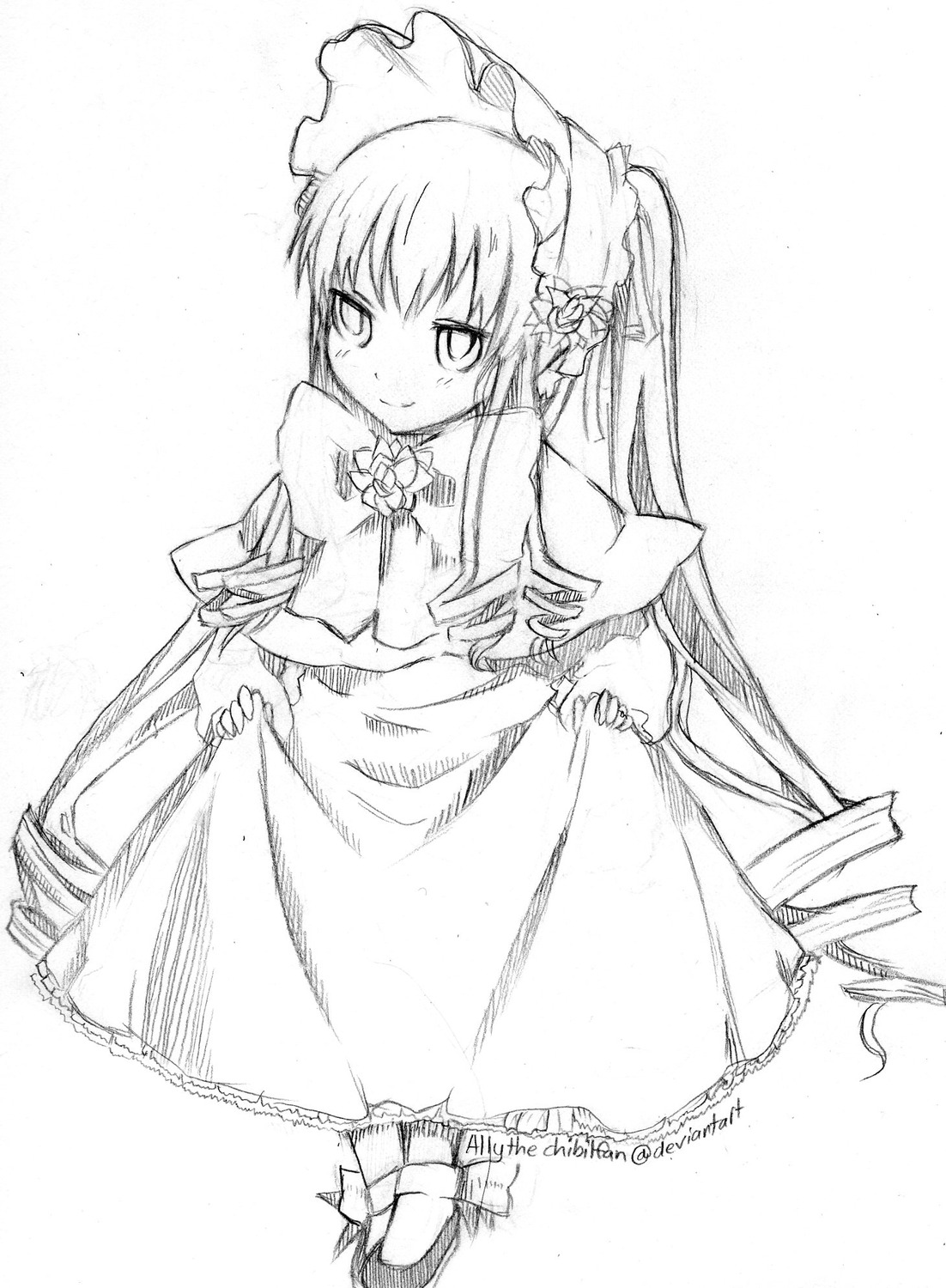 1girl dress flower frills full_body greyscale image long_hair looking_at_viewer monochrome rose shinku simple_background smile solo standing suigintou very_long_hair white_background
