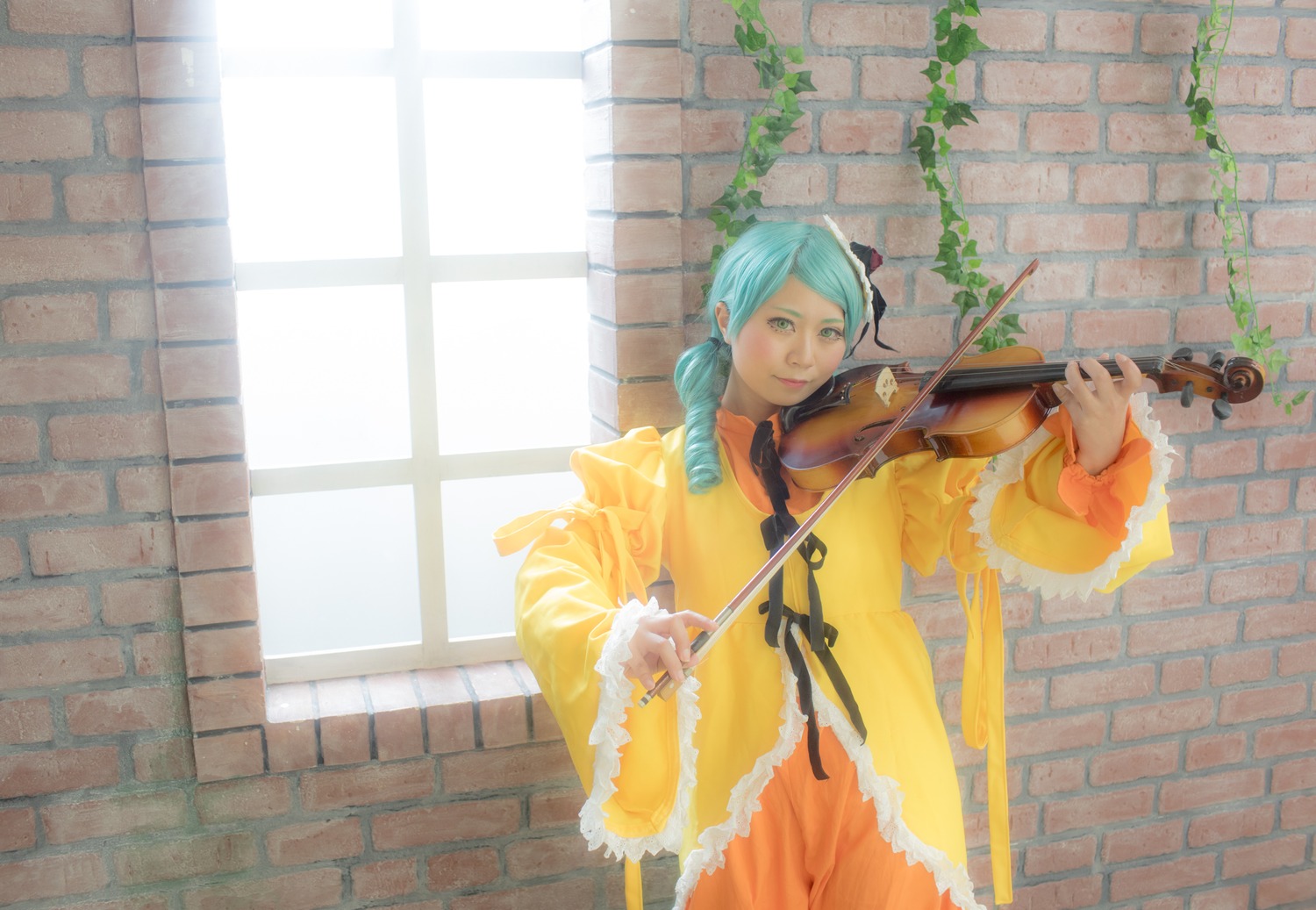 1girl aqua_hair bow_(instrument) braid brick_wall dress hair_over_shoulder instrument kanaria long_hair long_sleeves music playing_instrument solo standing traditional_media violin wall window yellow_dress