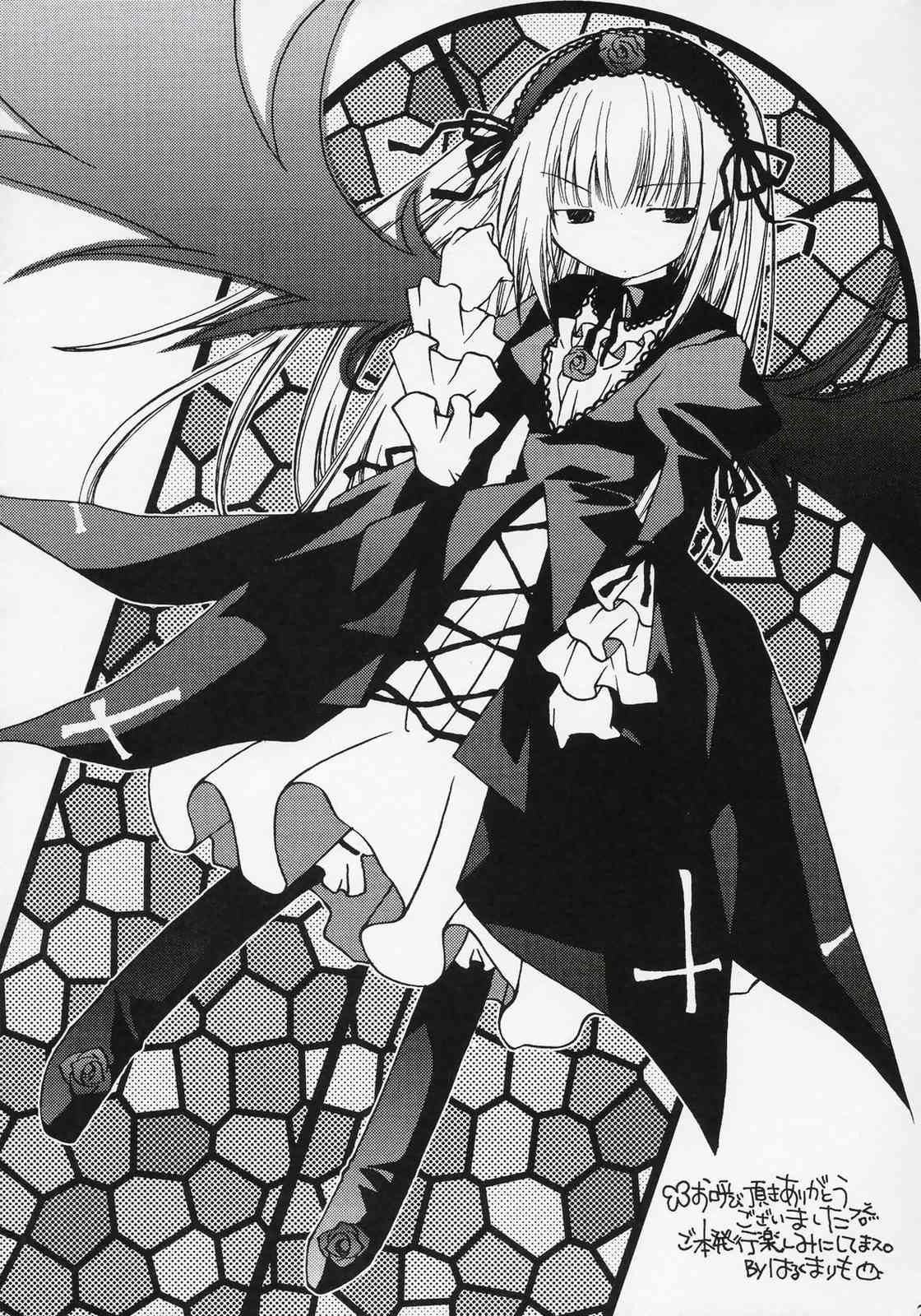 1girl dress frilled_sleeves frills greyscale hairband image lolita_hairband long_hair long_sleeves monochrome ribbon solo suigintou wings