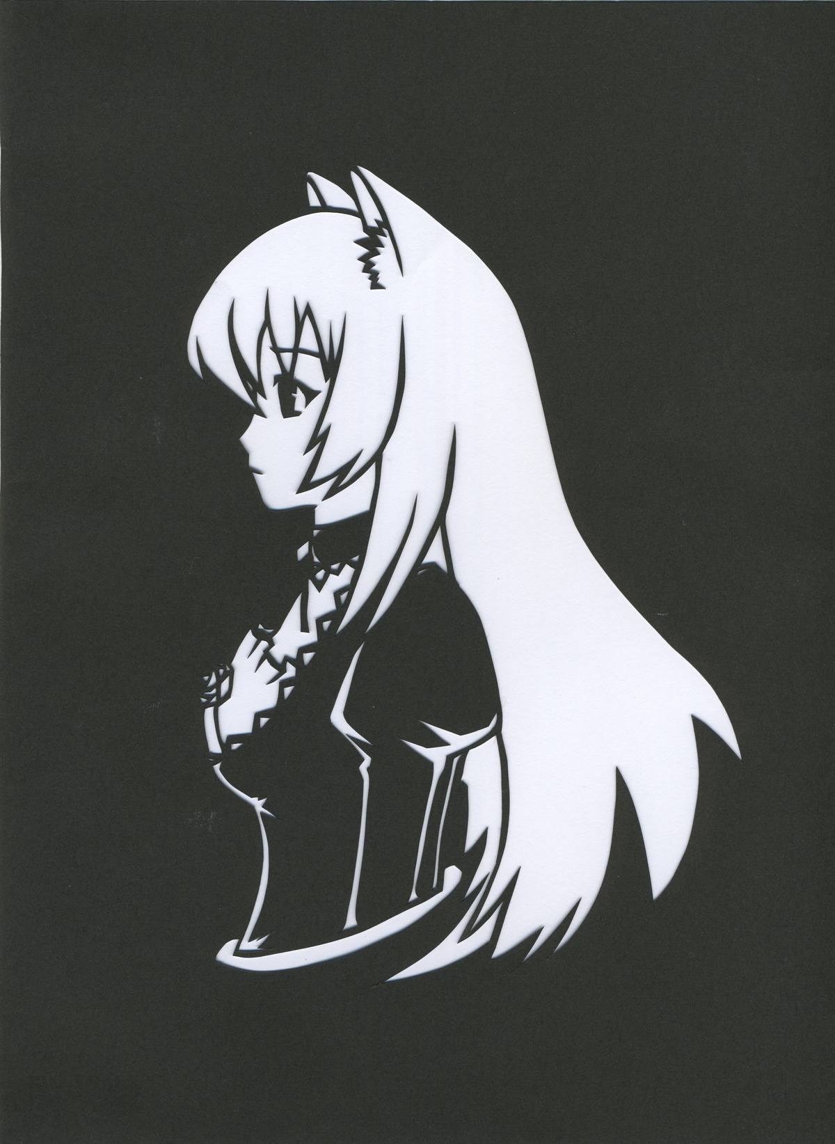 1girl animal_ears breasts cat_ears choker cleavage closed_mouth dress from_side greyscale image long_hair long_sleeves monochrome profile simple_background solo suigintou traditional_media upper_body