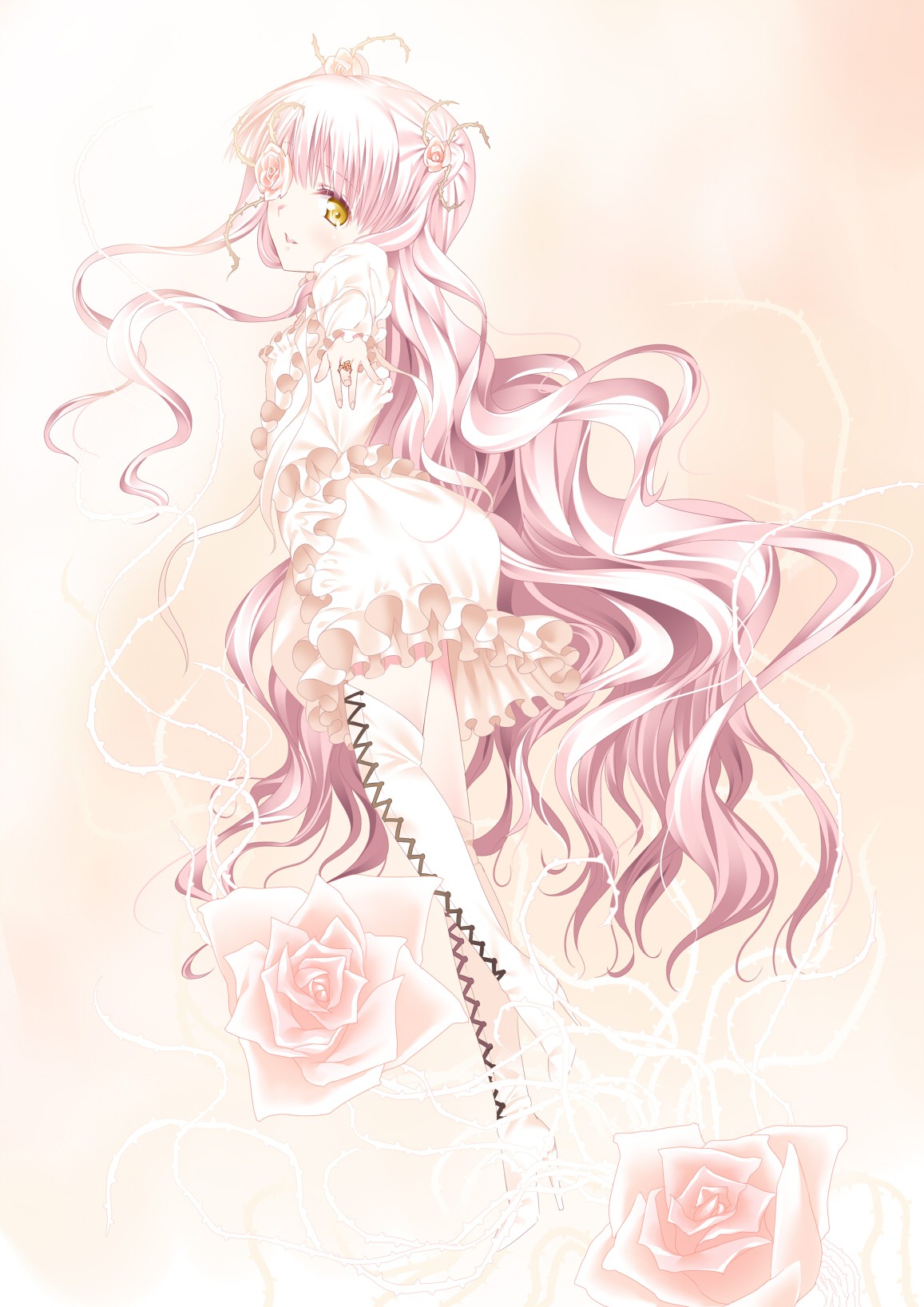 1girl boots commentary_request dress eyepatch flower frills hair_flower highres image kirakishou long_hair pink_flower pink_hair pink_rose red_rose rose rozen_maiden solo suzume_inui thigh_boots thighhighs thorns ultimate_madoka very_long_hair white_flower white_rose yellow_eyes