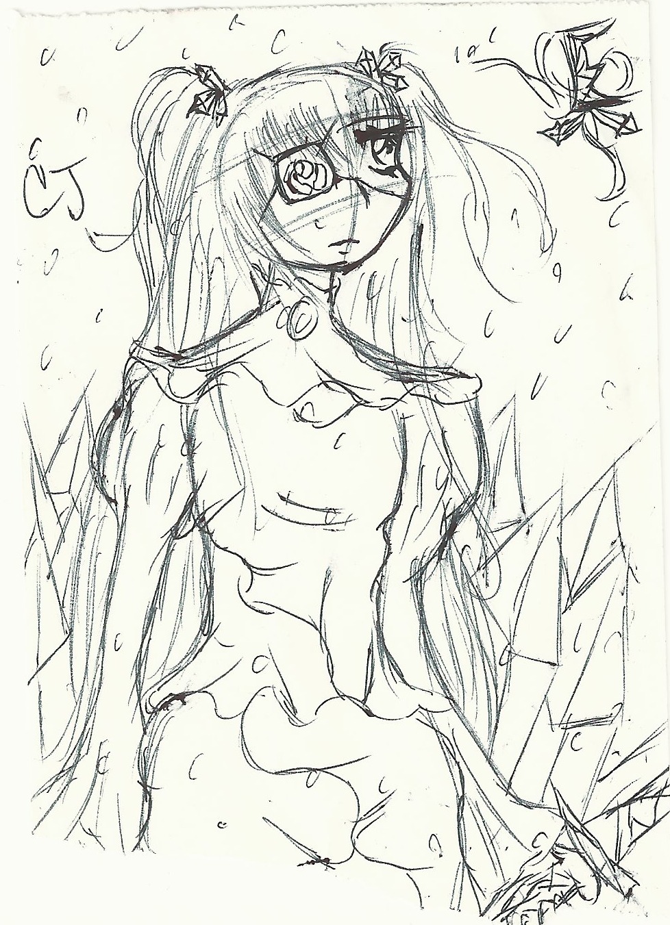 1girl barasuishou image long_hair monochrome ribbon sketch solo